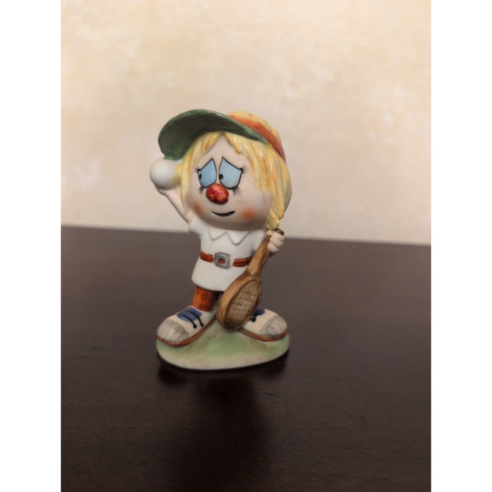 Vtg 1975 Arnart Ceramic Clown Tennis Player Figurine Whimsical Sports Size 4"